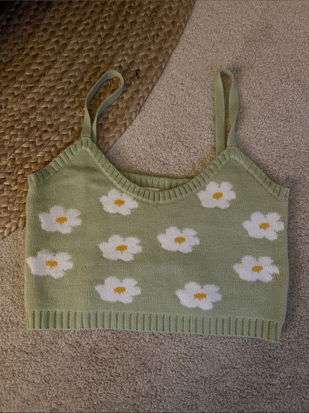 Green Daisy Knit Crop Tank Top